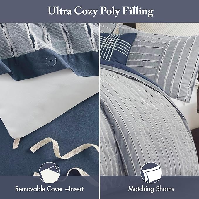 Madison Park Comforter Cotton Clipped Jacquard, Oversized Comforters King Size Bed, All Season Down Alternative Overfilled King Size Comforter, Essence, King/Cal King, Blue 9 Piece