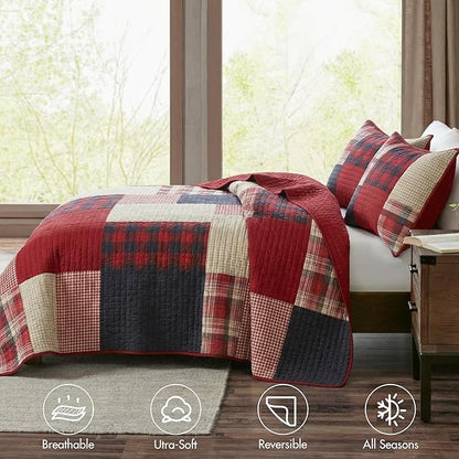 Woolrich Sunset Reversible Quilt Set - Cottage Styling Reversed to Solid Color, All Season Lightweight Coverlet, Cozy Bedding Layer, Matching Shams, Oversized Full/Queen, Plaid Red 3 Piece