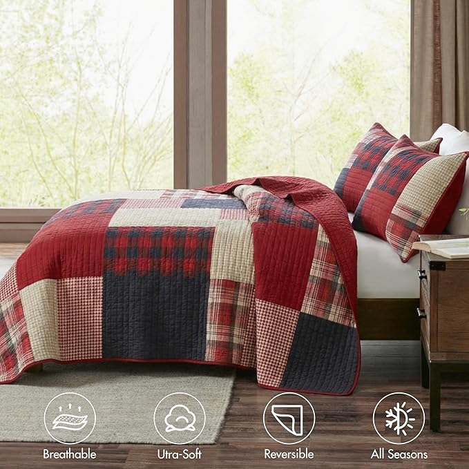 Woolrich Sunset Reversible Quilt Set - Cottage Styling Reversed to Solid Color, All Season Lightweight Coverlet, Cozy Bedding Layer, Matching Shams, Oversized King/Cal King, Plaid Red 3 Piece