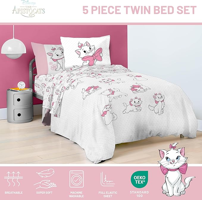 Jay Franco Kids Comforter Set Includes Sheets and Pillow Covers - Soft and Cozy Bed Set for Stylish Room Decor, White - Aristocats, 5 Piece Twin Size Bedding