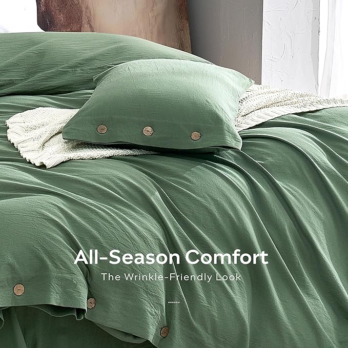 JELLYMONI 100% Washed Cotton Duvet Cover King – Soft, Breathable Linen-Look Bedding with Natural Wrinkle Texture, Button Closure, 3-Piece Set (Dusty Green, 104"x90")