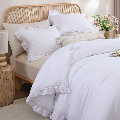 JANZAA King Size Comforter Set White Ruffled Comforter Set Soft Vintage Farmhouse Bed Beding Set Fluffy 3PCS Shabby Chic Bedding with 2 Pillowcases