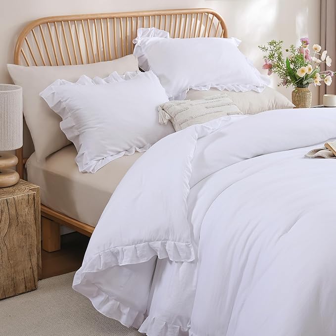 JANZAA Comforter Set Full Size White Comforter Set Ruffled Soft Vintage Farmhouse Bed Set Fluffy 3PCS Shabby Chic Bedding with 2 Pillowcases