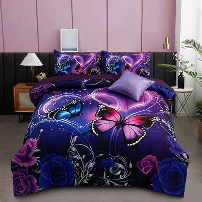 A Nice Night Galaxy 6pcs Bed in A Bag Purple and Blue Dreamy 3D Butterfly Printed, Butterflies Bedding Queen Comforter Set, for Girls Kids Teens