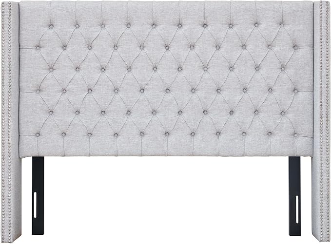 Madison Park Queen Wingback Upholstered Tufted Headboard, Featuring High-Density Sponge Padding, Adjustable Height Headboard, Easy Assembly, Gray