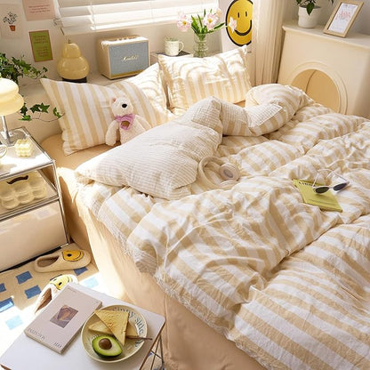 EAVD Beige Striped Duvet Cover Queen Soft Washed Microfiber Striped Reversible Bedding Set with 2 Pillowcases Modern Farmhouse Geometric Pattern Duvet Cover with Zipper Closure