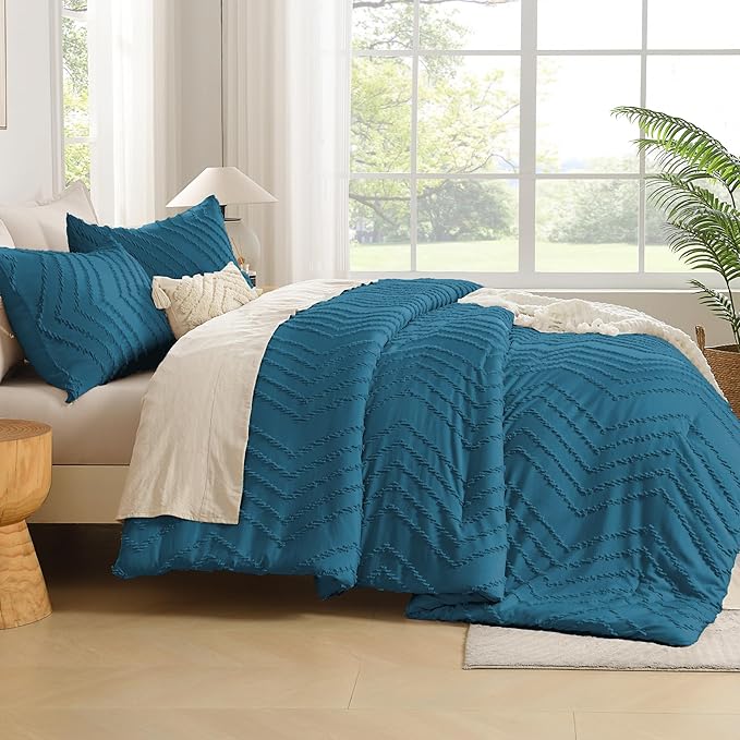Andency Teal Comforter Set Queen Size, Boho Soft Warm Tufted Bedding Comforter Sets for Queen Size Bed, 3 Pieces Aesthetic Chevron Farmhouse Cute Bohemian Textured Bed Set