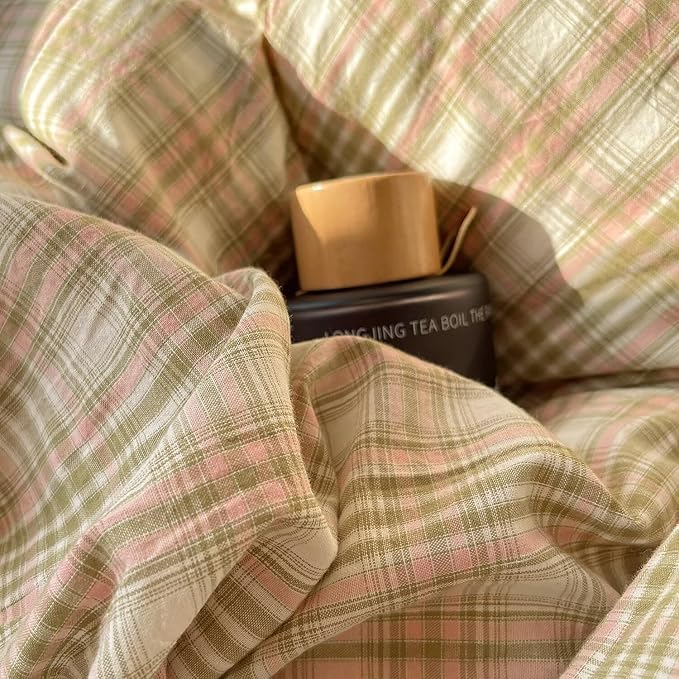 MKXI Pistachio and Pink Plaid Duvet Cover Twin, 3-Piece Vintage Aesthetic Bedding Set, 100% Washed Cotton, Breathable & Lightweight Reversible Design with Zipper Closure