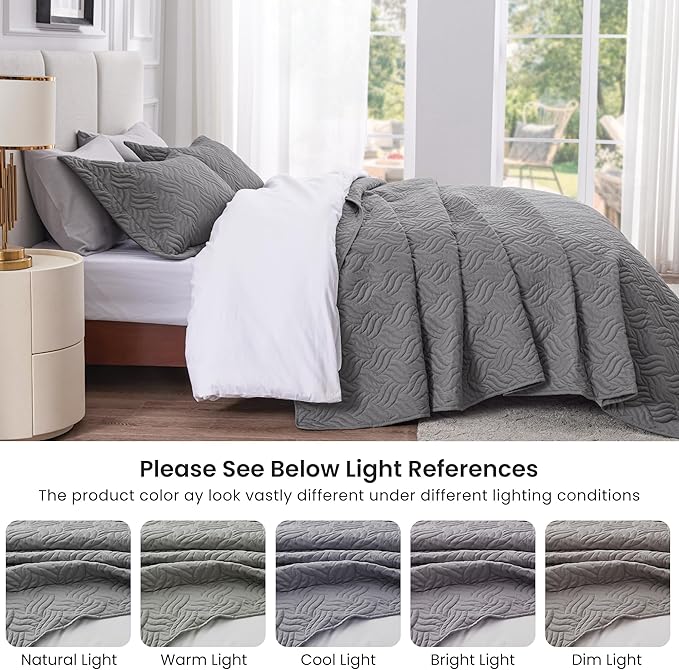 Love's cabin Quilts for Queen Bed Grey Bedspreads Bedding Set - Summer Lightweight Bedspread Comforter - Wave Pattern Bedding Coverlet for All Season - 3 Pieces (1 Quilt, 2 Pillow Shams)
