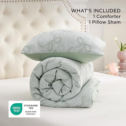Bedsure Sage Green Twin XL/Twin Comforter Set for Girls, GentleSoft™ 2 Pieces Bow Comforter with 1 Pillow Sham, Twin Size Bedding Sets for Girls Room Decor Aesthetic Bedroom Decor, 68x88 Inches