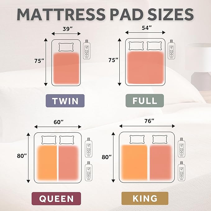 Sunbeam Premium Quilted Electric Heated Mattress Pad, 54" x 75", 12 Heat Settings, 12-Hour Selectable Auto Shut-Off, Warmth for Restful Sleep, Machine Washable, White