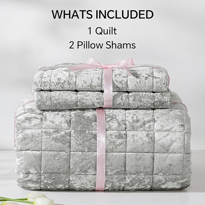 BEDELITE Velvet Quilt Set King Size - Luxury Velvet Comforter Bedding Set 3 Pieces, Lightweight Soft Cozy Shiny Light Grey Oversized Bedspread Coverlet for All Seasons with 2 Pillow Shams