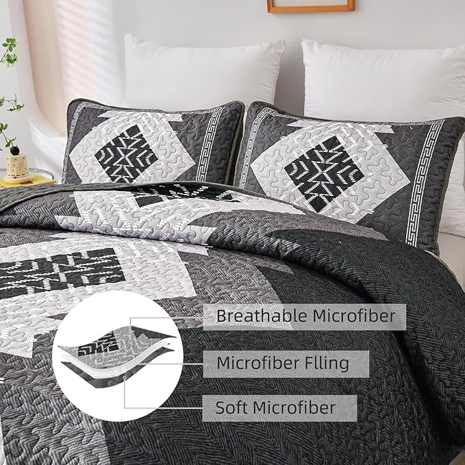 Dintszyayue Black Quilt Set Boho California King Size,3 Piece Aztec Texture Bedspread Coverlet Set Soft Lightweight Bedding Set Geometric Bohemian Bedspread with 2 Pillowcases(Black,96"x112")