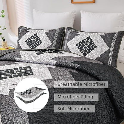 Dintszyayue Boho Queen Quilt Set 3 Pieces Black Grey Aztec Texture Bedspread Coverlet Set Bohemian Quilt Bedding Set Microfiber Lightweight Bed Cover for All Seasons 90"×96"
