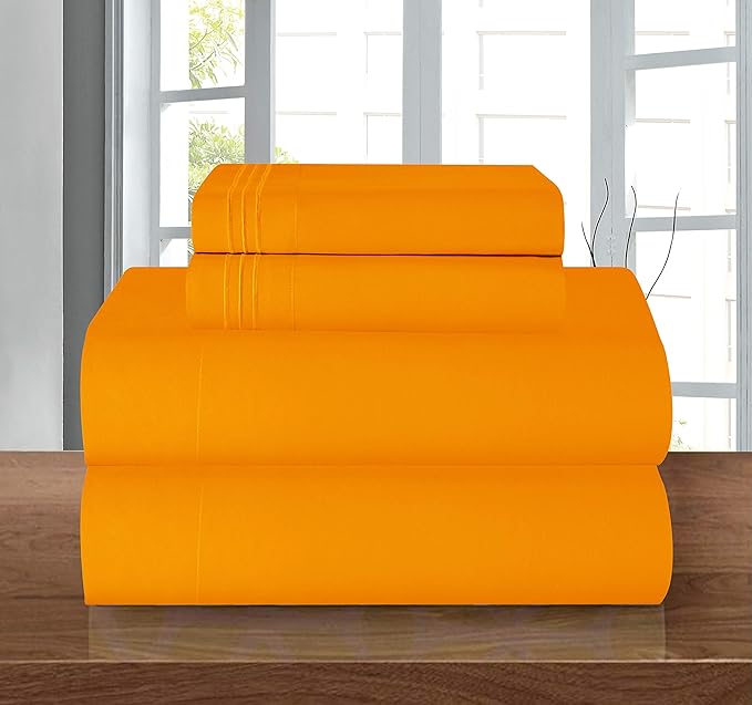 Elegant Comfort Luxury Soft 1500 Premier Hotel Quality 4-Piece Sheet Wrinkle and Fade Resistant Bedding Set, Deep Pocket up to 16inch, Twin/Twin XL, Elite Orange