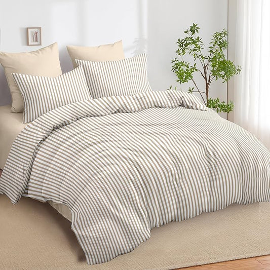 Nayoroom Tan Striped Duvet Cover Queen Size Light Brown Stripe Duvet Cover Dorm Bedding Set 3 Pieces Soft Lightweight Washed Microfiber Farmhouse Bedding Set Gifts for Women Men