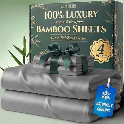 DECOLURE 100% Viscose Derived from Bamboo Sheets Twin Size - Luxury 4 Pc Naturally Cooling Sheets, Ultra Soft Bed Set - Deep 17" Pockets, Durable Double Stitching, Oeko Tex Standard (Light Grey)