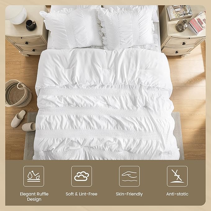 QUIETSEA King Comforter Set Seersucker 7 Pieces Luxury Ruffle Bed in a Bag King Size for All Season White Bedding Set with Comforter, Pillowcases, Flat Sheet, Fitted Sheet and Pillow Shams