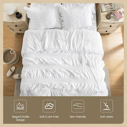 QUIETSEA King Comforter Set Seersucker 7 Pieces Luxury Ruffle Bed in a Bag King Size for All Season White Bedding Set with Comforter, Pillowcases, Flat Sheet, Fitted Sheet and Pillow Shams