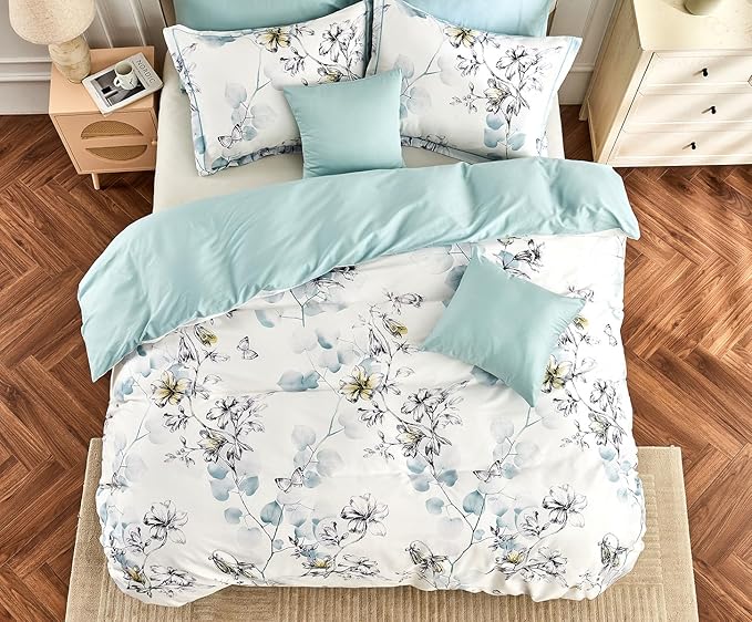King Size Duvet Cover Set with Button Closure - Light Blue and Yellow Botanical Luxury Bedding for a Comfortable Sleeping