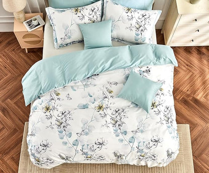 King Size Duvet Cover Set with Button Closure - Light Blue and Yellow Botanical Luxury Bedding for a Comfortable Sleeping