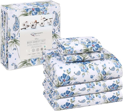RUVANTI 100% Cotton Sheets – Split King Size Percale Bedding, Cooling & Breathable Floral Design, Durable with a Crisp, Soft & Comfortable Feel, 16" Deep Pocket, 5-Piece Set, Paislyona