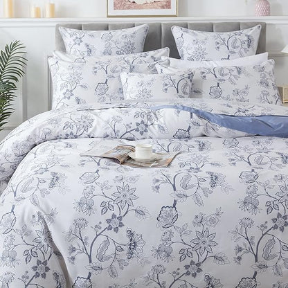 FADFAY Duvet Cover Set Full Floral Bedding Percale Cotton 600 TC Classical Toile Luxury Reversible Light Blue Shabby Vintage Farmhouse Bedding Minimalist Chic Comforter Cover Soft Breathable 3Pcs