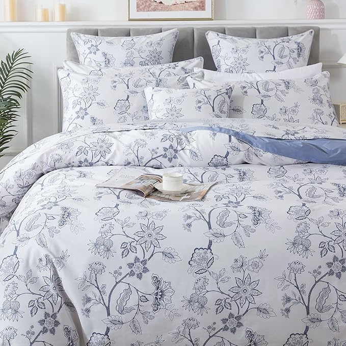 FADFAY Duvet Cover Set Twin Floral Bedding Percale Cotton 600 TC Classical Toile Printed Luxury Reversible Light Blue Shabby Vintage Minimalist Chic Comforter Cover Soft Breathable 3Pcs