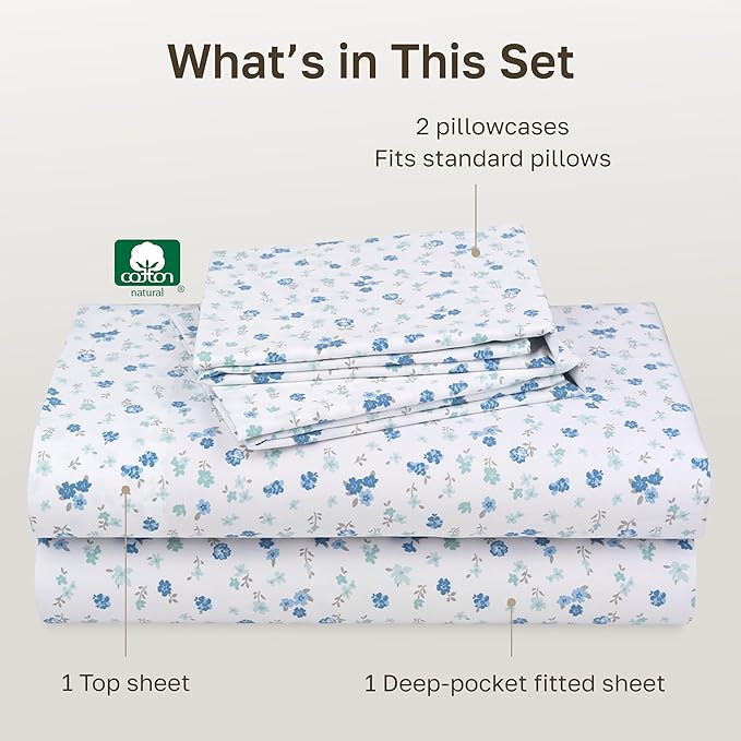 California Design Den Floral Printed Queen Sheet Set - 400 Thread Count, Soft Sateen, Natural 100% Cotton Sheets, Deep Pockets, and Durable Bedding Set - Blooming Meadows