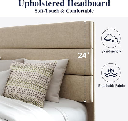 Allewie Queen Size Platform Bed Frame with Fabric Upholstered Headboard | Wooden Slats Support, Fully Upholstered Mattress Foundation, No Box Spring Needed, Easy Assembly, Noise-Free, Beige