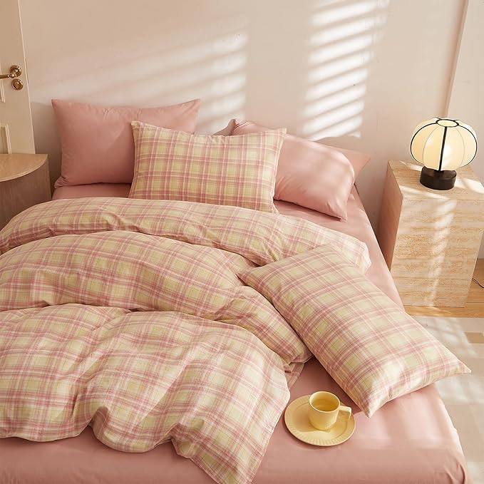HighBuy King Comforter Set Blush Gingham Comforter Modern Chic Pink Plaid Comforter Set 3 Pieces Fluffy Grid Checkered Comforter with 2 Pillowcases Boho Gingham Bedding Set Queen Size
