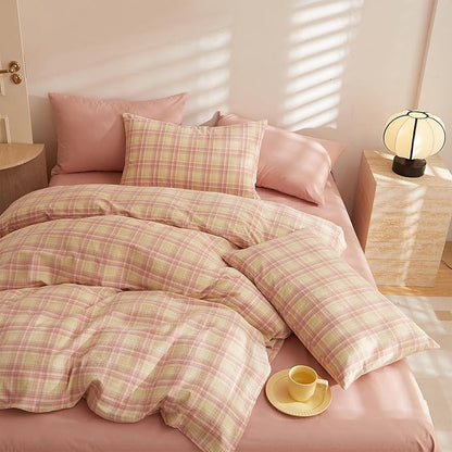 HighBuy Full Comforter Set Blush Pink Gingham Bedding Set Plaid Comforter Set Men Boys Geometric Checkered Plaid Printed Bedding Comforter Soft Fluffy Bedding Set,Fluffy Comforter Full Size