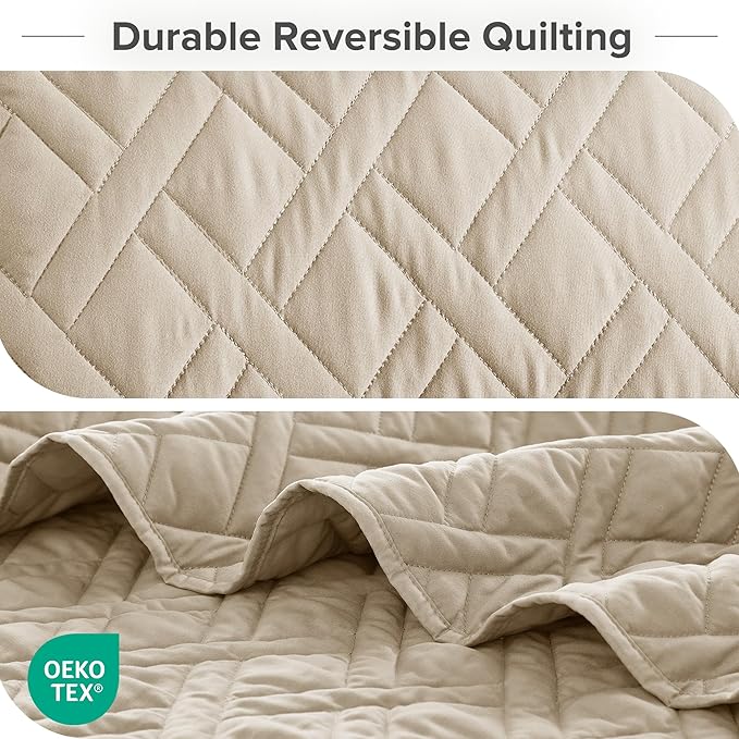 Comfort Spaces King Quilt Set Modern Reversible Diamond Coverlet King Bedding Set Cozy Quilted Winter Layer, All Season Lightweight Soft King Size Quilt, Kienna, Cal King Beige Diamond 3 Piece