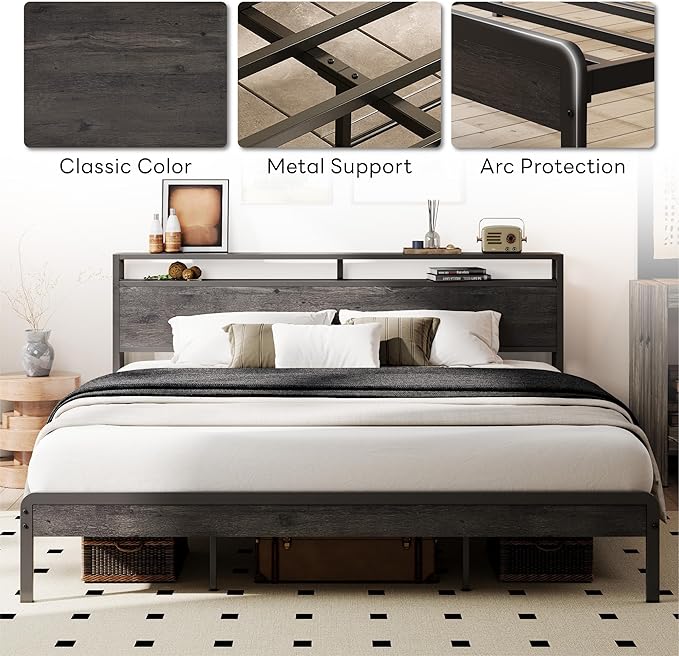 LIKIMIO California King Bed Frame with Headboard, Dark Wood Camas California King with Strong Supports, Sturdy, Noise-Free, No Box Spring Needed, Charcoal Grey