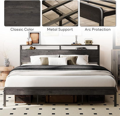 LIKIMIO California King Bed Frame with Headboard, Dark Wood Camas California King with Strong Supports, Sturdy, Noise-Free, No Box Spring Needed, Charcoal Grey