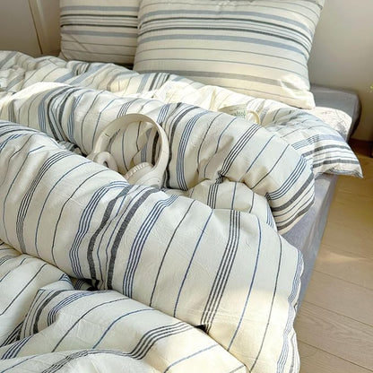 EAVD Retro Blue&Grey Striped Comforter Set King Soft Cotton 3-Piece Vintage Bedding Set with 2 Pillowcases Boho Vertical Stripes Geometric Comforter Set for All-Season Breathable Lightweight