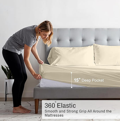RUVANTI 100% Organic Cotton Sheets King Size, Percale Weave, GOTS Certified, 4-Piece Set, Deep Pocket 15", Crisp & Breathable, Soft Durable Bedding, Sábanas Algodón Orgánico – Cloud Cream