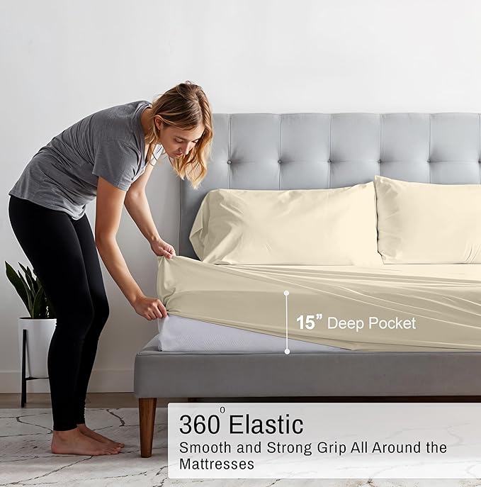 RUVANTI 100% Organic Cotton Sheets Queen Size, Percale Weave, GOTS Certified, 4-Piece Set, Deep Pocket 15", Crisp & Breathable, Soft Durable Bedding, Sábanas Algodón Orgánico – Cloud Cream