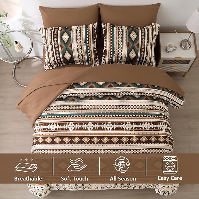 Dinjoy Boho Comforter Set Full Size 7 Piece Bed in a Bag Soft Brown Striped Bedding Sets Bohemian Comforters and Sheet Set, Microfiber Aztec Complete Sets for All Season