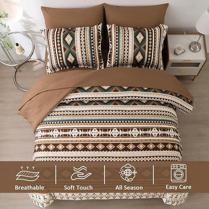 Dinjoy Boho Comforter Set Full Size 7 Piece Bed in a Bag Soft Brown Striped Bedding Sets Bohemian Comforters and Sheet Set, Microfiber Aztec Complete Sets for All Season