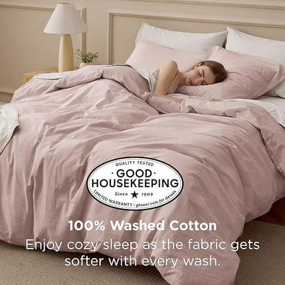 Bedsure 100% Washed Cotton Duvet Cover Full Size - Petal Pink Minimalist Bedding Set Linen Like - PureWoven Plain Simple & Soft Comforter Cover for All Seasons (Petal Pink, Full, 80"x90")