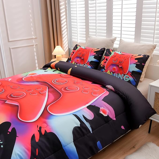 Aimuan Gaming Comforter Sets for Boys Kids Bedding Sets Video Games Console Action Buttons Novelty Colorful Game Gamepad Controller Modern Gamer Room Decor Home Quilt Set (Twin, Black)