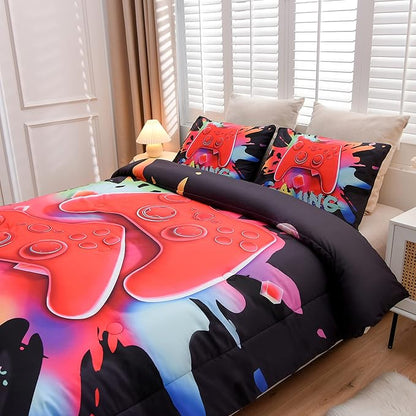 Aimuan Gaming Comforter Sets for Boys Kids Bedding Sets Video Games Console Action Buttons Novelty Colorful Game Gamepad Controller Modern Gamer Room Decor Home Quilt Set (Twin, Black)
