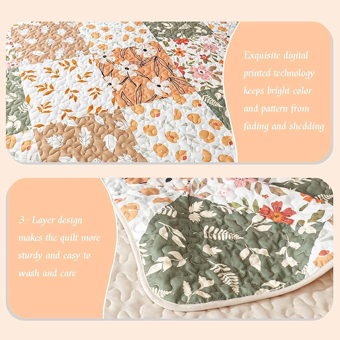 Whale Flotilla Patchwork Quilts Queen Size, Extra Soft Boho Floral Bedspreads for Bed Reversible Lightweight Full Queen Quilt Bedding Set Printed Coverlets with 2 Pillow Shams for All Seasons, Orange