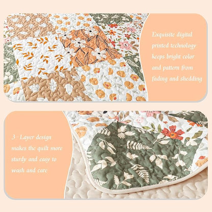 Whale Flotilla Patchwork Quilts Queen Size, Extra Soft Boho Floral Bedspreads for Bed Reversible Lightweight Full Queen Quilt Bedding Set Printed Coverlets with 2 Pillow Shams for All Seasons, Orange