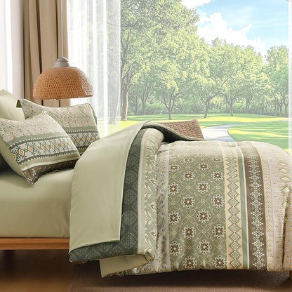 Comforter Set King Size Boho,7 Pieces Sage Green Bedding Set Bohemian Striped Bed in a Bag,Soft Microfiber Paisley Floral Comfortet and Sheet Sets for Family All Season
