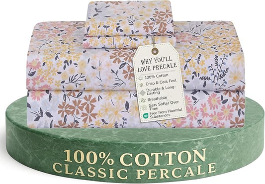 Feather & Stitch Softest 100% Cotton Sheets, 300 Thread Count Percale Weave Bedding, 16" Deep Pocket, Cooling Sheets, Breathable Bed Set, Hotel Premium Quality (Twin, Victorian Floral)