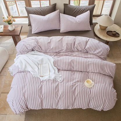 Striped Duvet Cover Set 100% Washed Cotton Linen Like Soft Feelling Breathable Bedding(Dusty Purple,Full)