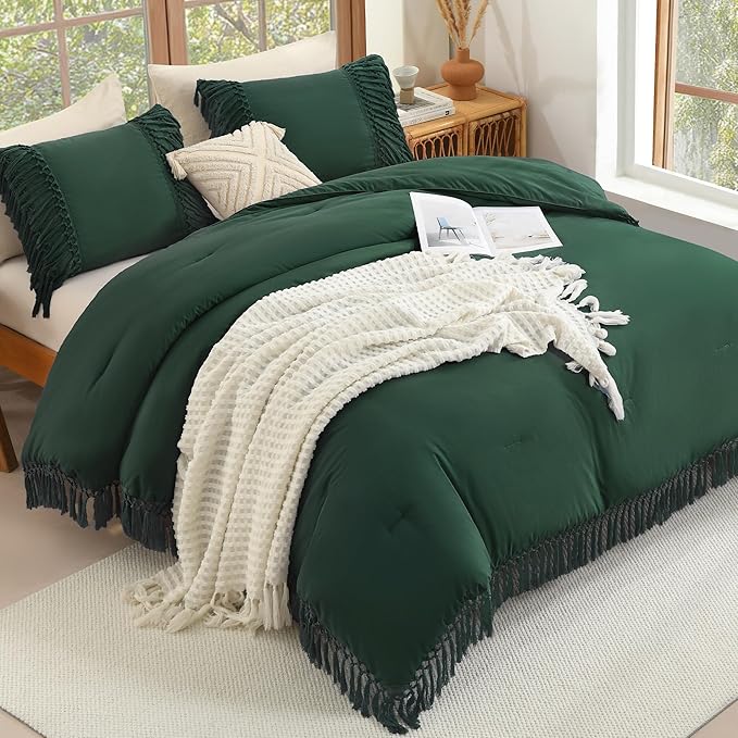 Andency Emerald Comforter Set California King, 3 Pieces Boho Tassel Lightweight Soft Bedding Comforter Sets for King Bed, All Season Fluffy Fringe Bed Set (104x96In Comforter & 2 Pillowcases)