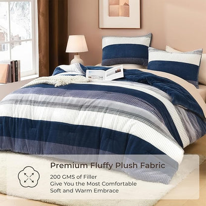 Litanika Fluffy Fleece Queen Comforter Set, Luxury Soft Plush Fuzzy Mineral Blue Stripe Bedding Comforter Sets, Warm Shaggy Faux Fur Bed Set All Season (1 Comforter, 2 Pillowcases)